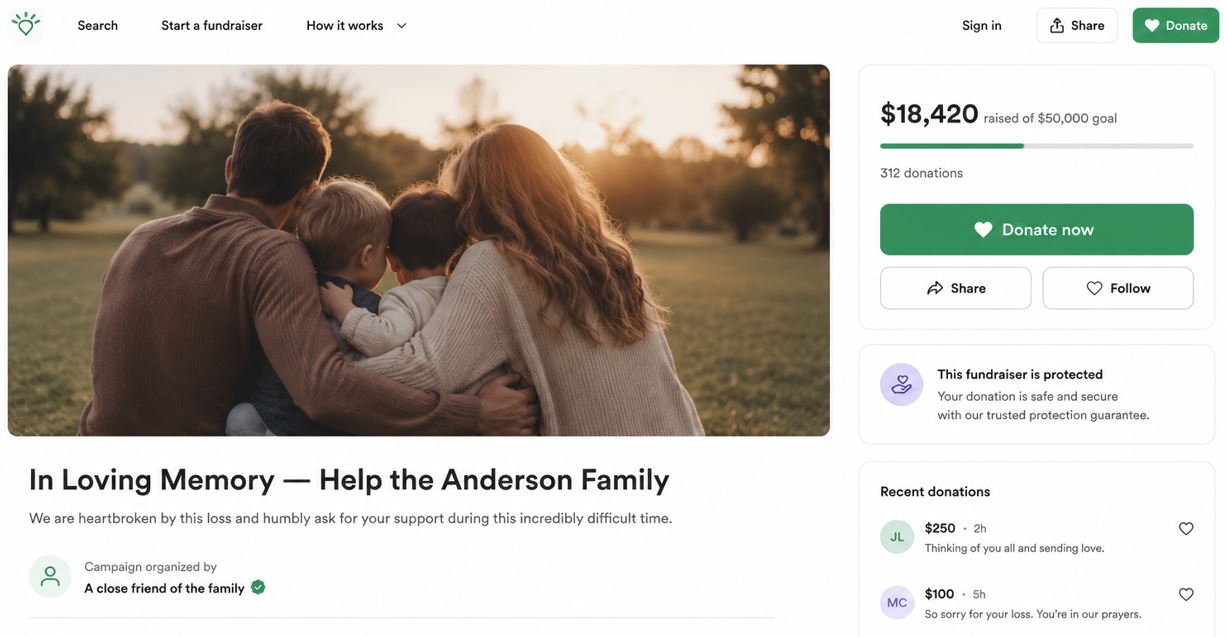 A memorial crowdfunding fundraiser page asking for donations to help a grieving family